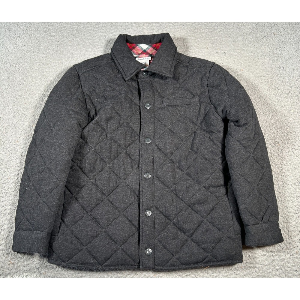 Tommy Bahama Jacket Boys M (7/8) Black Quilted Plaid Lined Insulated‎ Snap Front